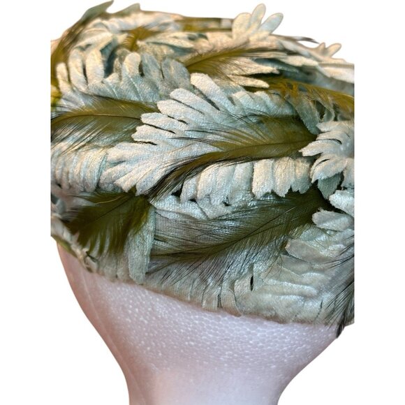 Vintage Union Made USA Feather Pillbox Hat Green 1950s 60s Turban Style Church main image 6